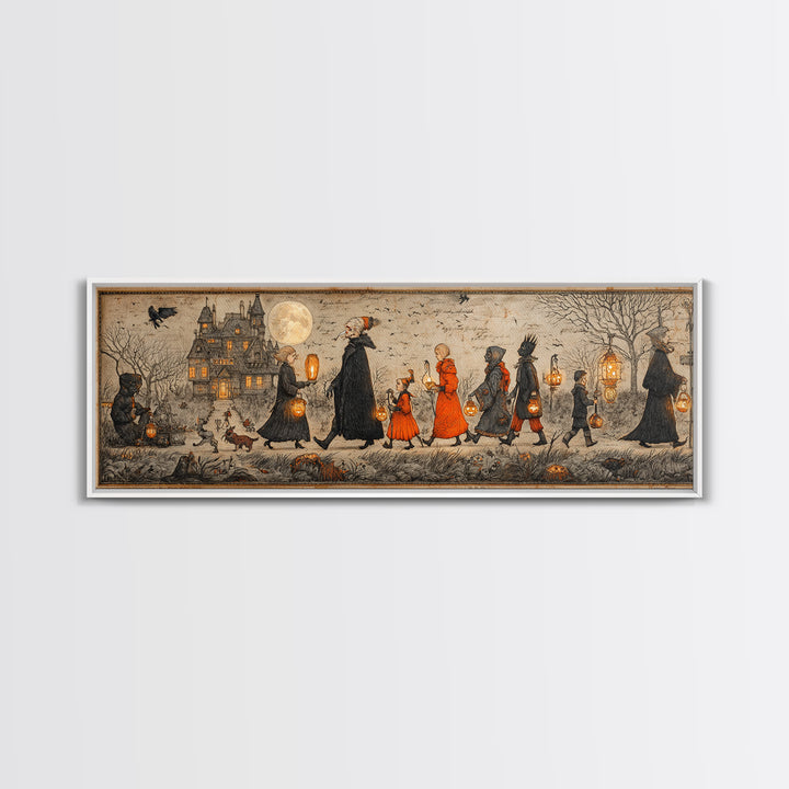 The Trick-Or-Treat Procession, Victorian Macabre Art, Extra Wide Wall Art, Dark Halloween Decor, Canvas Print, Halloween Wall Art