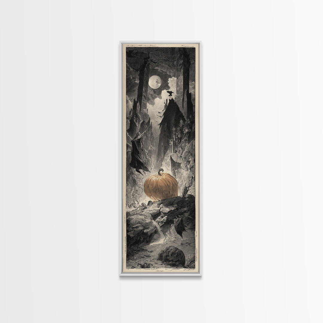 The Pumpkin-Carving Ritual, Gothic Engraving Art, Tall Narrow Wall Art, Gothic Horror Wall Art, Framed Canvas Print, Halloween Wall Art