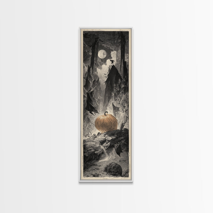 The Pumpkin-Carving Ritual, Gothic Engraving Art, Tall Narrow Wall Art, Gothic Horror Wall Art, Framed Canvas Print, Halloween Wall Art