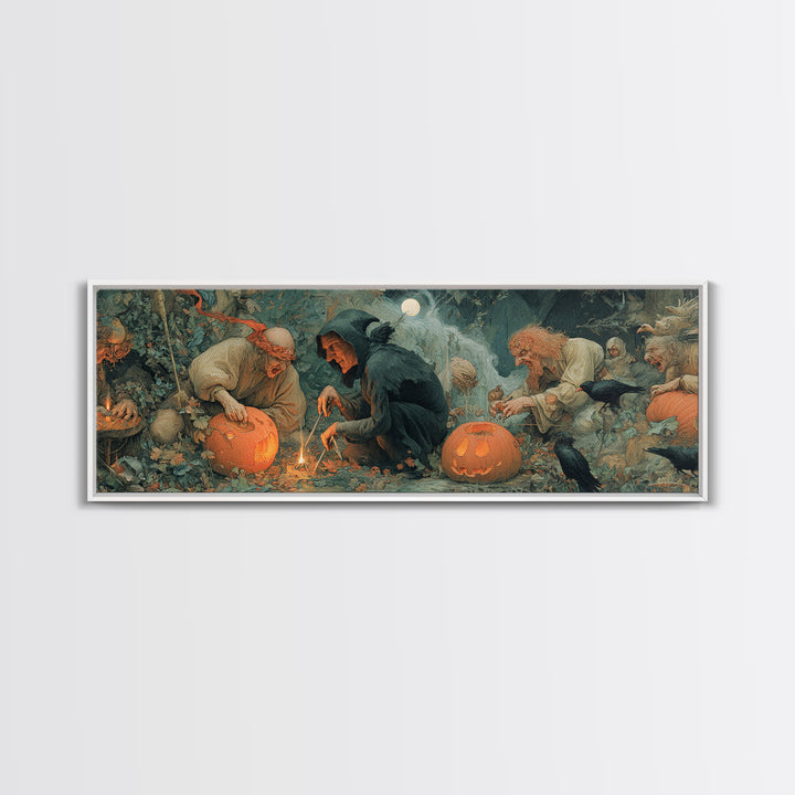 The Pumpkin-Carving Ritual, Medieval Grotesque Art, Extra Wide Wall Art, Gothic Horror Wall Art, Framed Canvas Print
