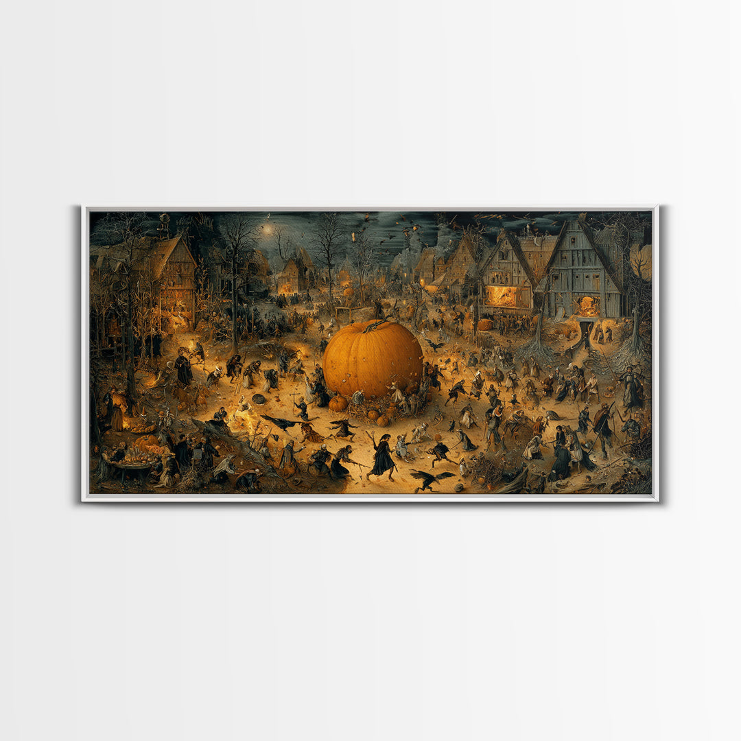 The Pumpkin-Carving Ritual, Northern Renaissance Horror, Wide Panoramic Art, Gothic Horror Wall Art, Framed Canvas Print