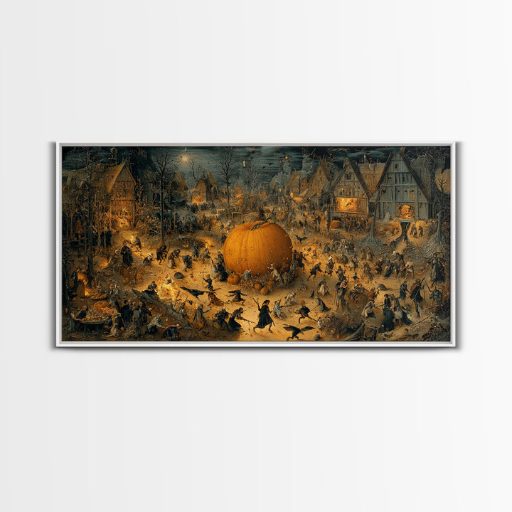 The Pumpkin-Carving Ritual, Northern Renaissance Horror, Wide Panoramic Art, Gothic Horror Wall Art, Framed Canvas Print