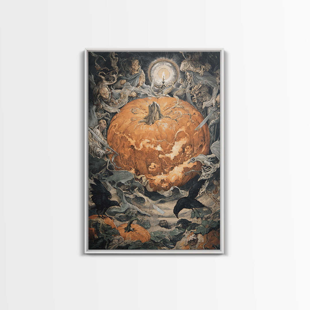 The Pumpkin-Carving Ritual, Dark Renaissance Art, Vertical Wall Art, Macabre Wall Art, Framed Canvas Print, Halloween Wall Art