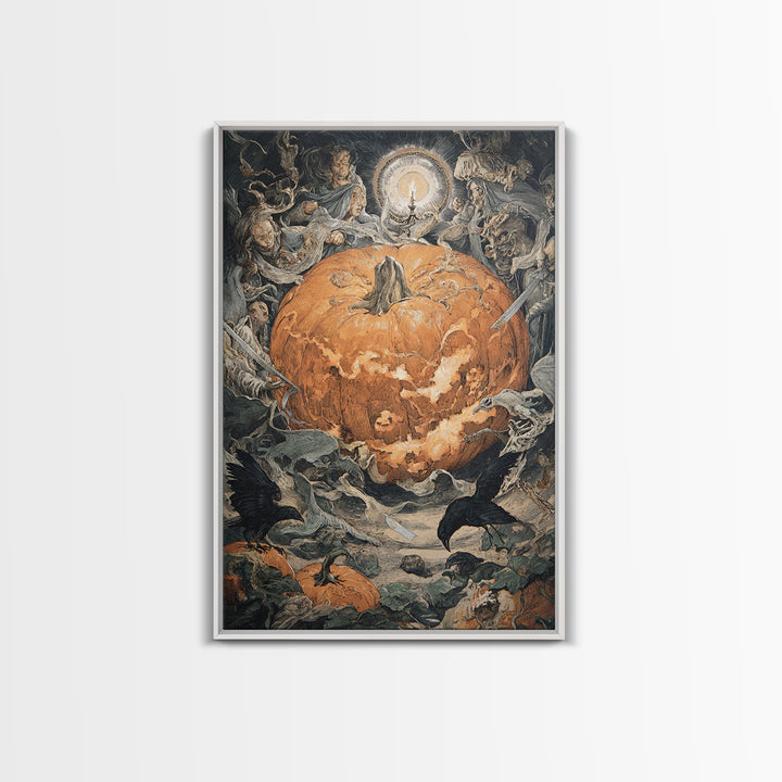 The Pumpkin-Carving Ritual, Dark Renaissance Art, Vertical Wall Art, Macabre Wall Art, Framed Canvas Print, Halloween Wall Art