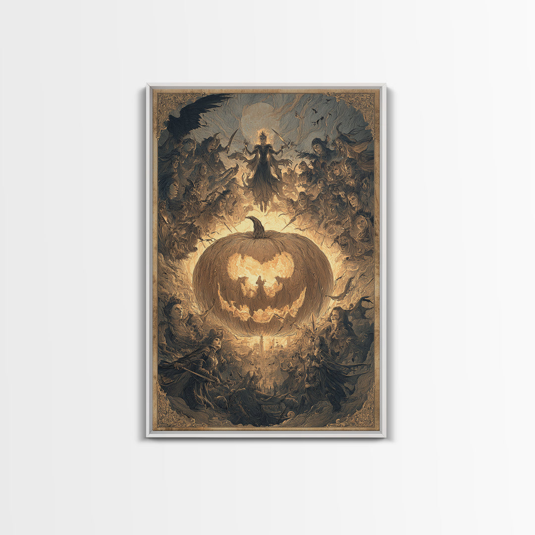 The Pumpkin-Carving Ritual, Visionary Gothic Art, Vertical Wall Art, Macabre Wall Art, Framed Canvas Print, Halloween Wall Art