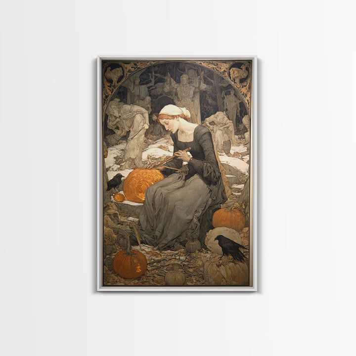 The Pumpkin-Carving Ritual, Symbolist Death Art, Vertical Wall Art, Gothic Horror Wall Art, Framed Canvas Print, Halloween Wall Art