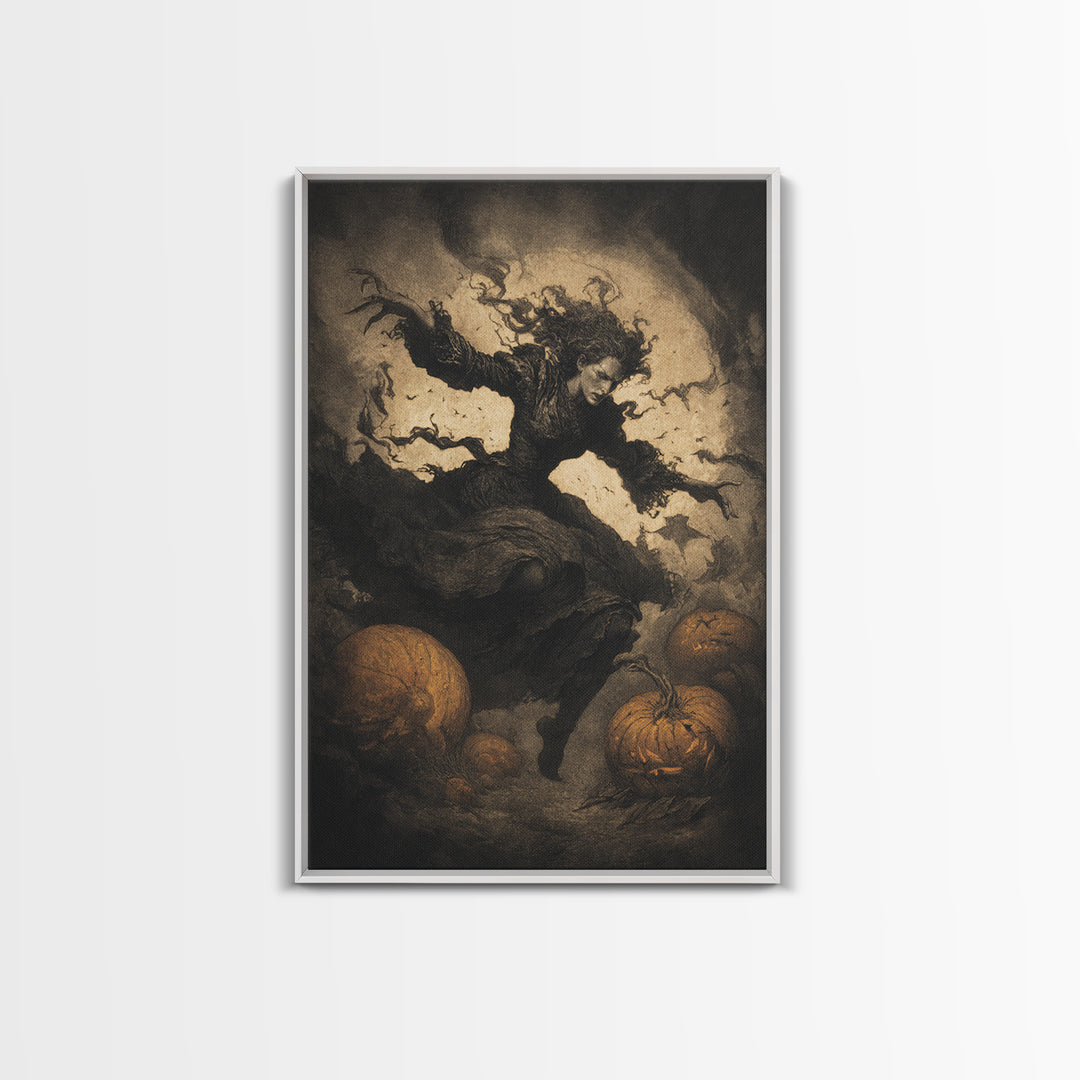 The Pumpkin-Carving Ritual, Dark Symbolist Art, Vertical Wall Art, Gothic Horror Wall Art, Framed Canvas Print, Halloween Wall Art
