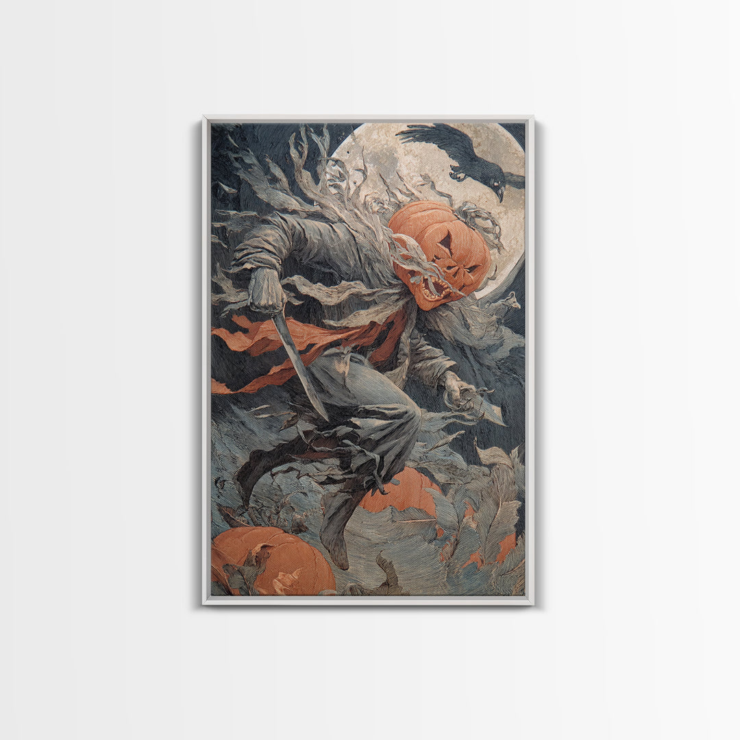 The Pumpkin-Carving Ritual, Symbolist Etching Art, Vertical Wall Art, Dark Halloween Decor, Framed Canvas Print, Halloween Wall Art