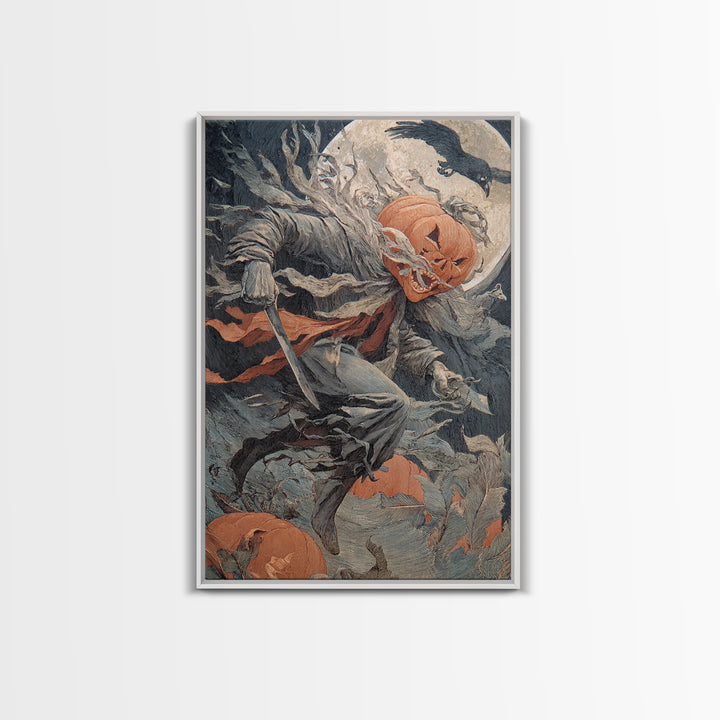 The Pumpkin-Carving Ritual, Symbolist Etching Art, Vertical Wall Art, Dark Halloween Decor, Framed Canvas Print, Halloween Wall Art