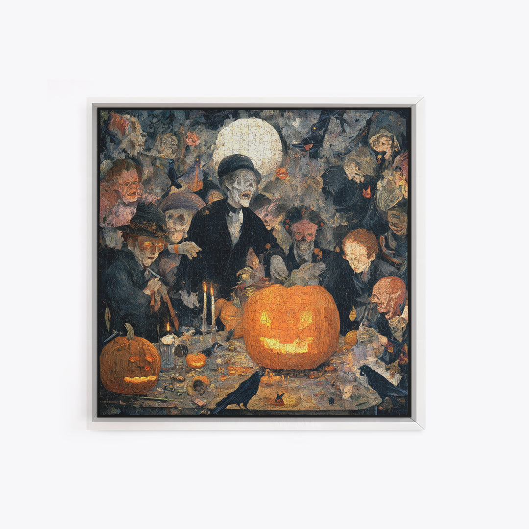 The Pumpkin-Carving Ritual, Grotesque Carnival Art, Square Wall Art, Dark Halloween Decor, Framed Canvas Print, Halloween Wall Art