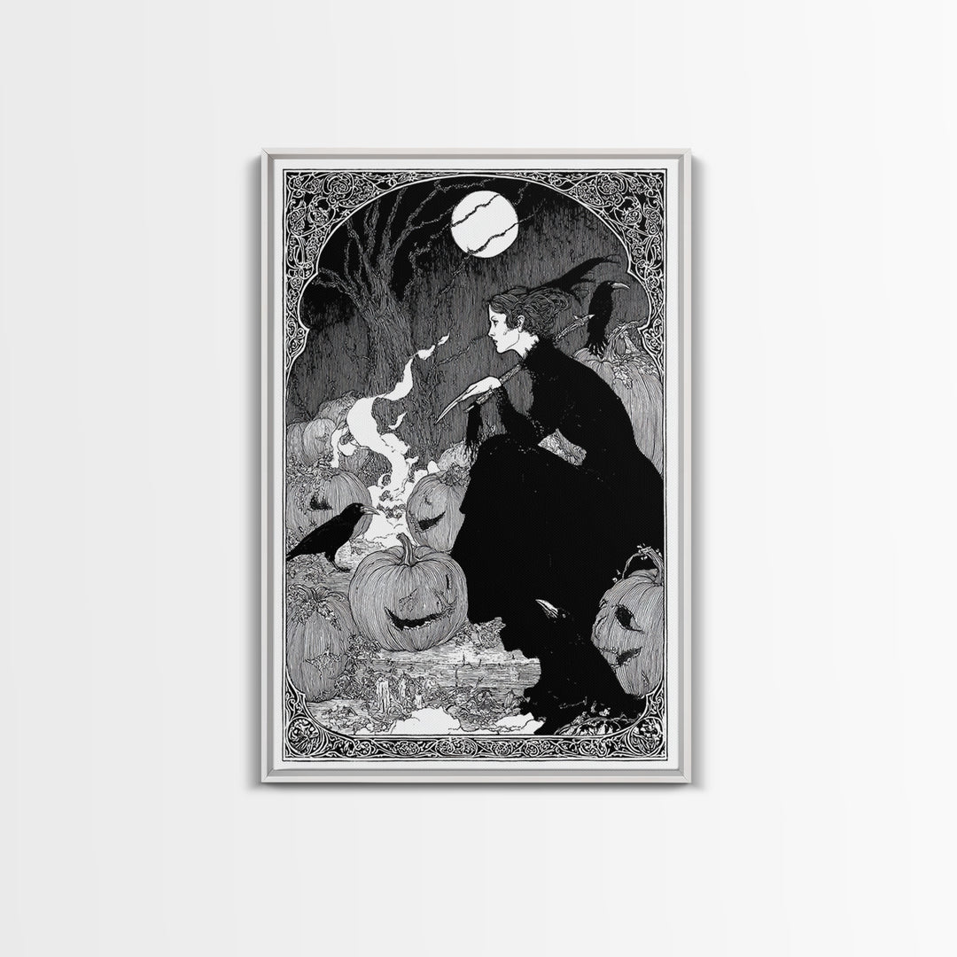 The Pumpkin-Carving Ritual, Decadent Line Art, Vertical Wall Art, Gothic Horror Wall Art, Canvas Print, Halloween Wall Art