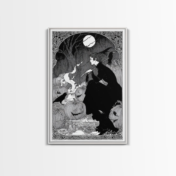 The Pumpkin-Carving Ritual, Decadent Line Art, Vertical Wall Art, Gothic Horror Wall Art, Canvas Print, Halloween Wall Art