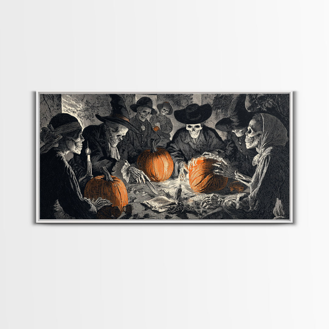 The Pumpkin-Carving Ritual, Macabre Folk Print Art, Wide Panoramic Art, Dark Halloween Decor, Canvas Print, Halloween Wall Art