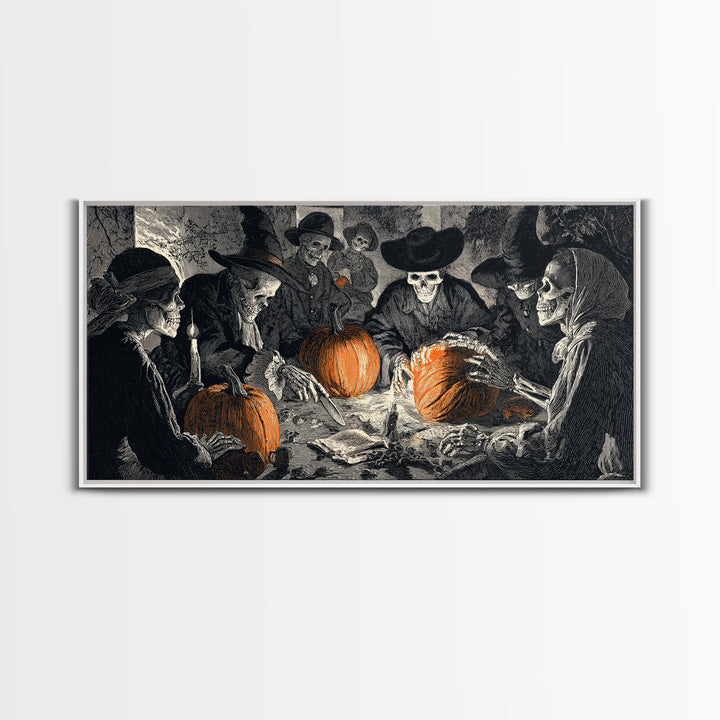 The Pumpkin-Carving Ritual, Macabre Folk Print Art, Wide Panoramic Art, Dark Halloween Decor, Canvas Print, Halloween Wall Art