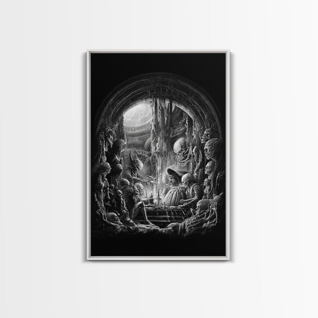 The Pumpkin-Carving Ritual, Biomechanical Horror Art, Vertical Wall Art, Dark Halloween Decor, Canvas Print, Halloween Wall Art