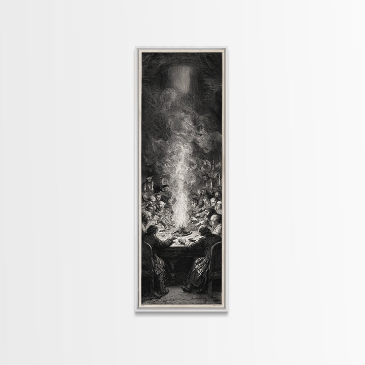The Candlelit Seance, Gothic Engraving Art, Tall Narrow Wall Art, Gothic Horror Wall Art, Framed Canvas Print, Halloween Wall Art