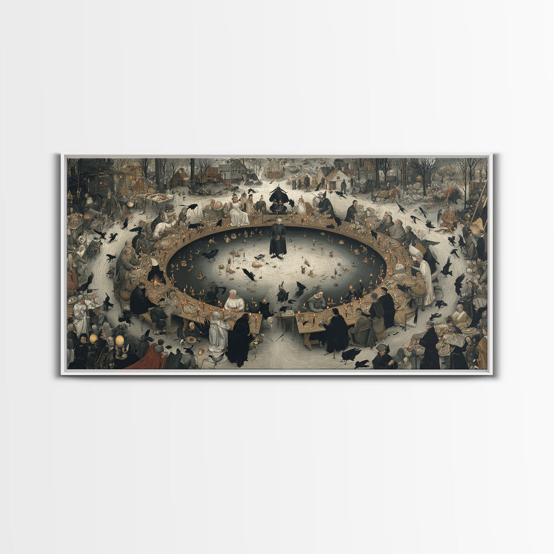 The Candlelit Seance, Northern Renaissance Horror, Wide Panoramic Art, Dark Halloween Decor, Canvas Print, Halloween Wall Art