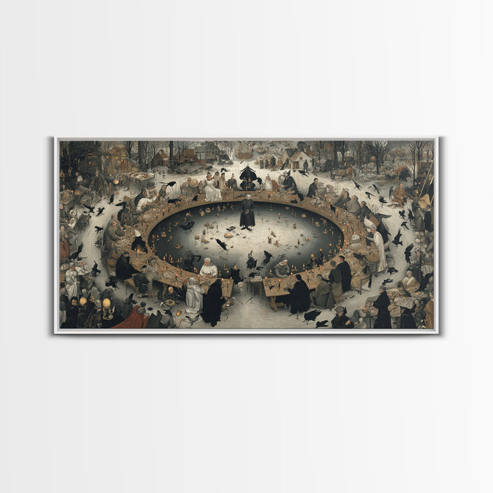 The Candlelit Seance, Northern Renaissance Horror, Wide Panoramic Art, Dark Halloween Decor, Canvas Print, Halloween Wall Art