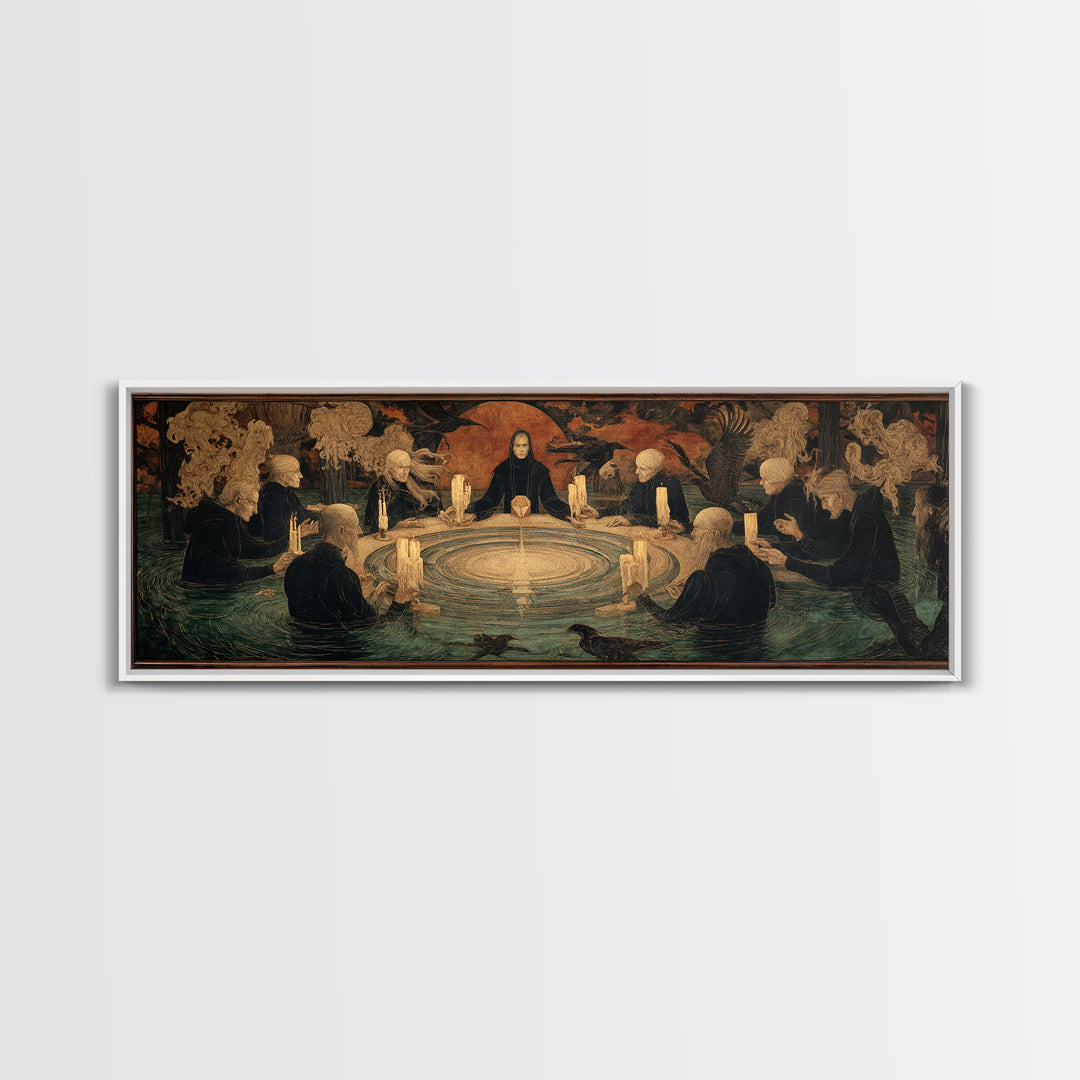 The Candlelit Seance, Symbolist Gothic Landscape, Extra Wide Wall Art, Dark Halloween Decor, Framed Canvas Print, Halloween Wall Art