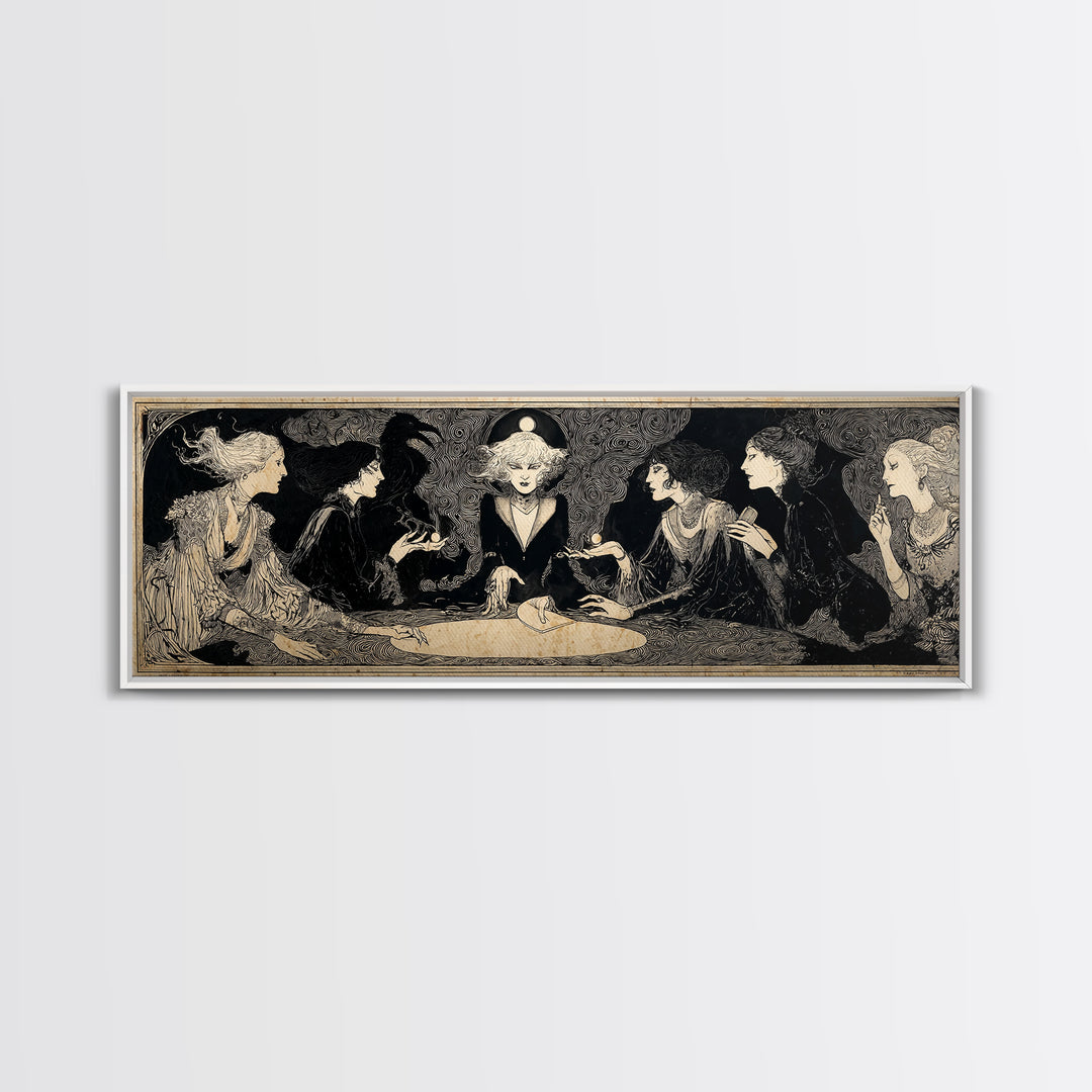 The Candlelit Seance, Decadent Line Art, Extra Wide Wall Art, Macabre Wall Art, Canvas Print, Halloween Wall Art