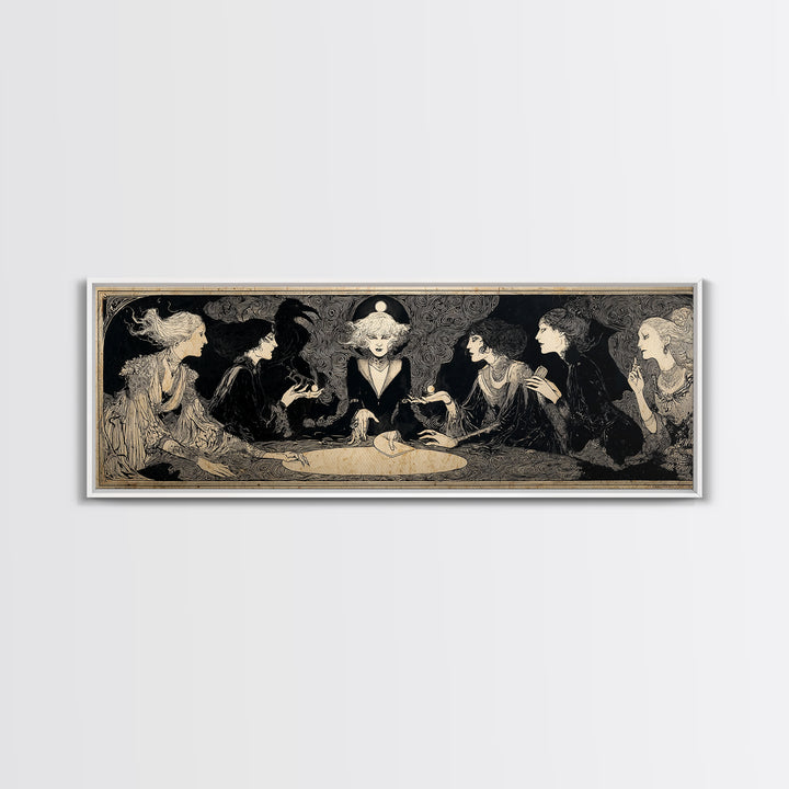The Candlelit Seance, Decadent Line Art, Extra Wide Wall Art, Macabre Wall Art, Canvas Print, Halloween Wall Art