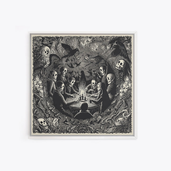The Candlelit Seance, Macabre Folk Print Art, Square Wall Art, Dark Fantasy Wall Art, Framed Canvas Print, Halloween Wall Art