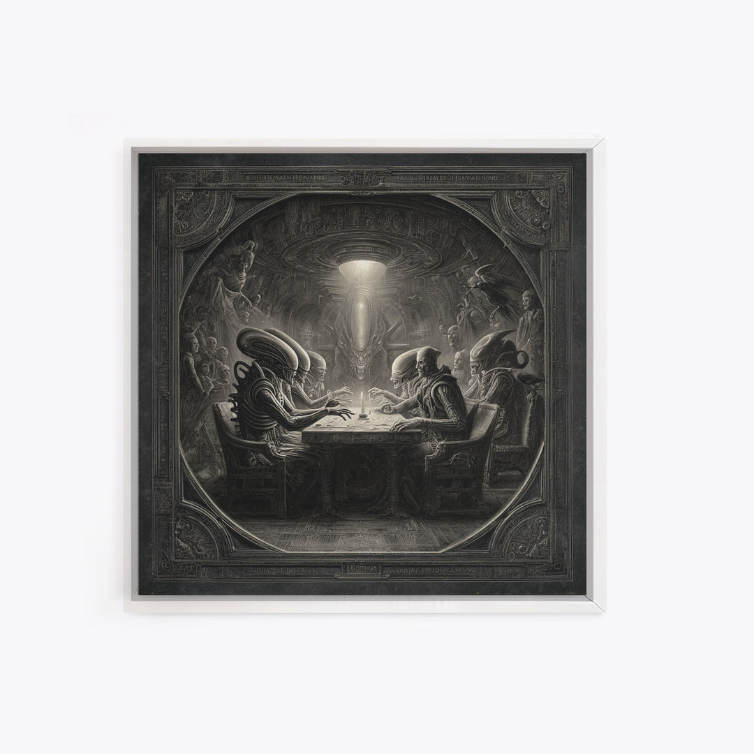 The Candlelit Seance, Biomechanical Horror Art, Square Wall Art, Macabre Wall Art, Framed Canvas Print, Halloween Wall Art