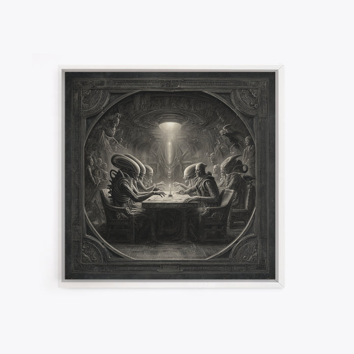 The Candlelit Seance, Biomechanical Horror Art, Square Wall Art, Macabre Wall Art, Framed Canvas Print, Halloween Wall Art