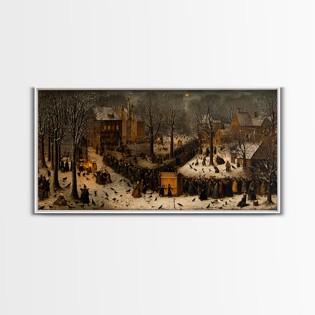 The Raven Funeral, Northern Renaissance Horror, Wide Panoramic Art, Macabre Wall Art, Framed Canvas Print, Halloween Wall Art