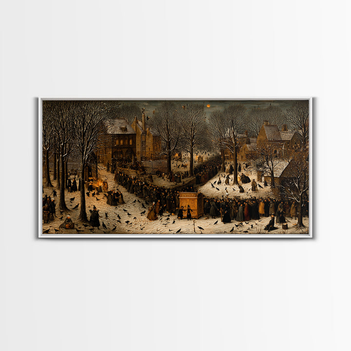 The Raven Funeral, Northern Renaissance Horror, Wide Panoramic Art, Macabre Wall Art, Framed Canvas Print, Halloween Wall Art