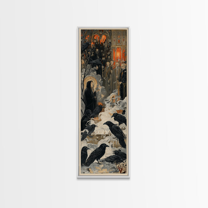 The Raven Funeral, Dark Renaissance Art, Tall Narrow Wall Art, Gothic Horror Wall Art, Canvas Print, Halloween Wall Art