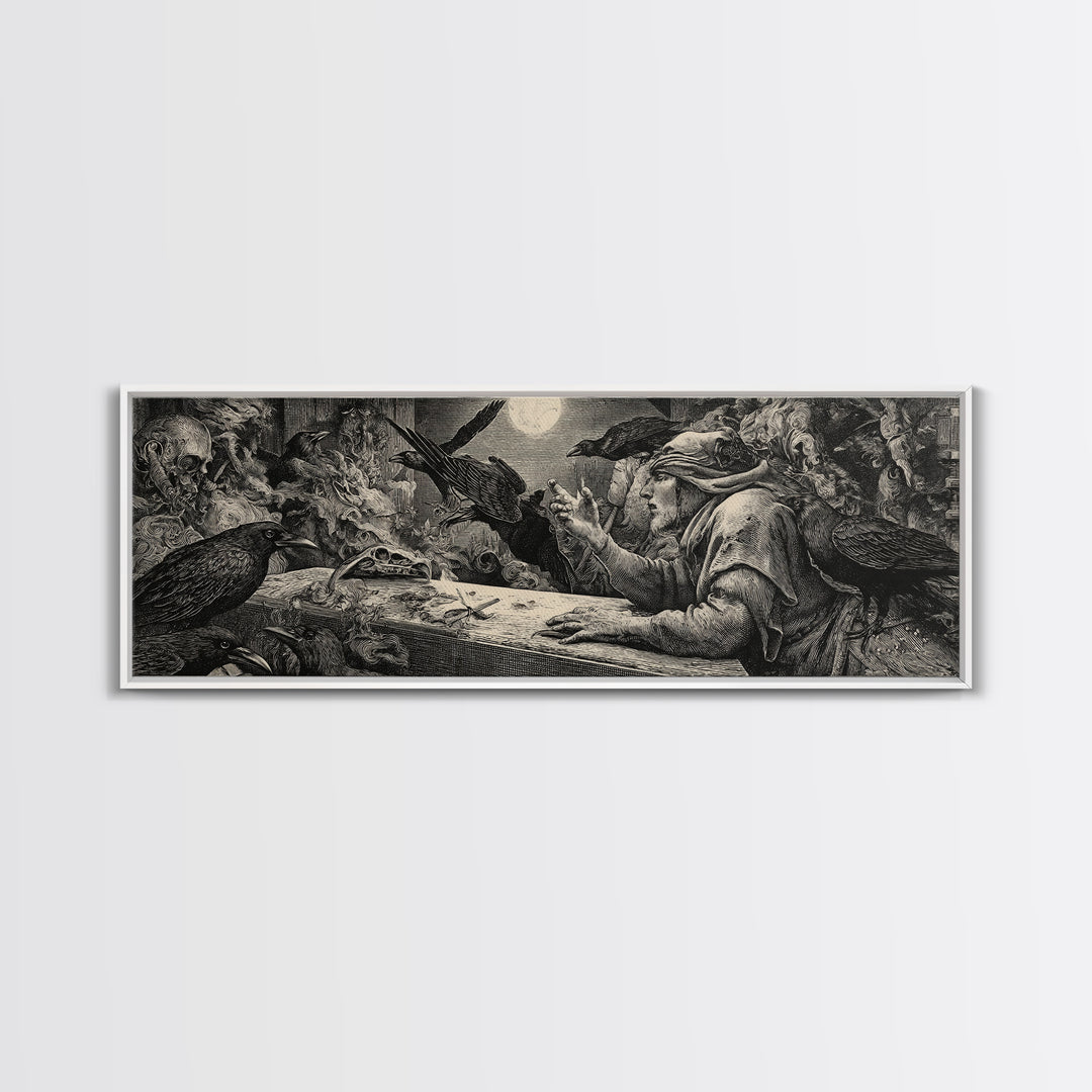 The Raven Funeral, Renaissance Engraving Art, Extra Wide Wall Art, Dark Fantasy Wall Art, Framed Canvas Print, Halloween Wall Art