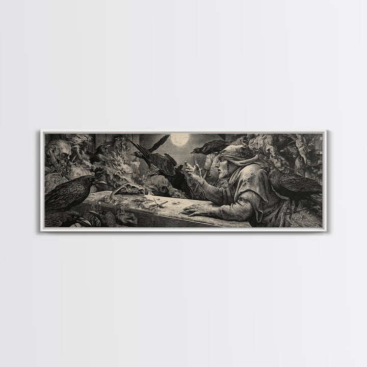 The Raven Funeral, Renaissance Engraving Art, Extra Wide Wall Art, Dark Fantasy Wall Art, Framed Canvas Print, Halloween Wall Art