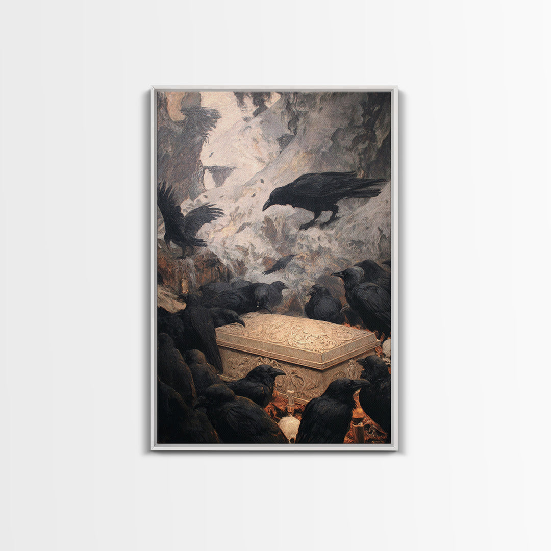 The Raven Funeral, Baroque Witchcraft Art, Vertical Wall Art, Macabre Wall Art, Framed Canvas Print, Halloween Wall Art