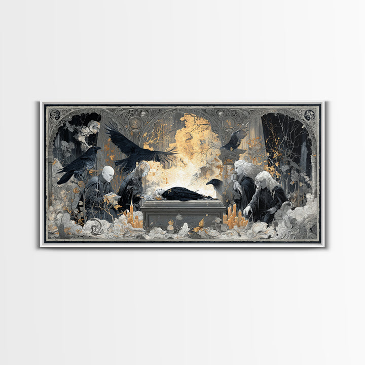 The Raven Funeral, Visionary Gothic Art, Wide Panoramic Art, Macabre Wall Art, Canvas Print, Halloween Wall Art