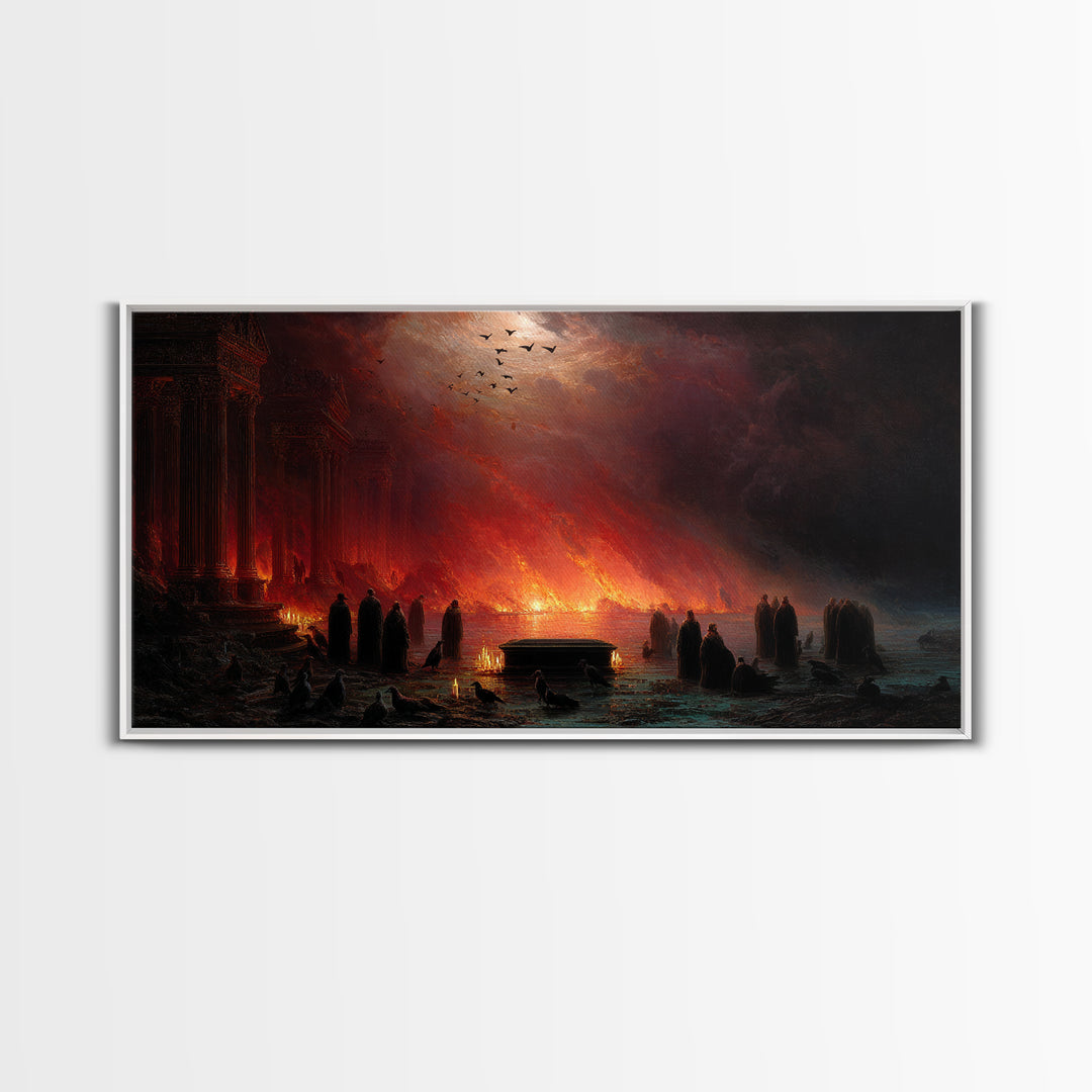 The Raven Funeral, Apocalyptic Romantic Art, Wide Panoramic Art, Macabre Wall Art, Framed Canvas Print, Halloween Wall Art