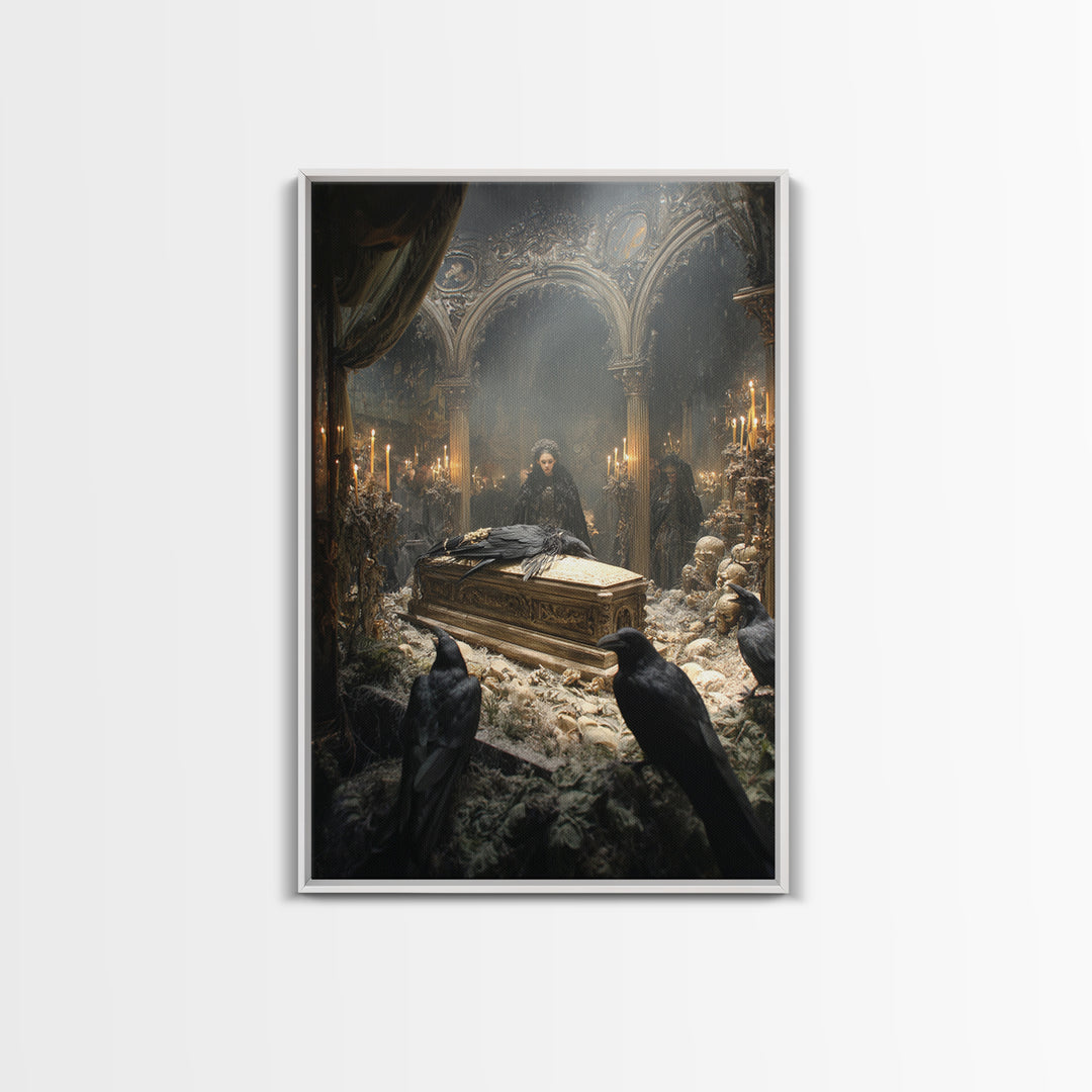 The Raven Funeral, Ornate Symbolist Art, Vertical Wall Art, Dark Halloween Decor, Framed Canvas Print, Halloween Wall Art