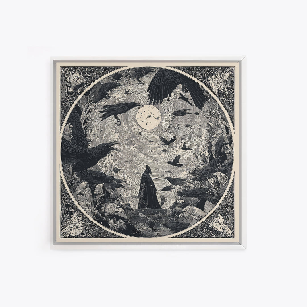 The Raven Funeral, Symbolist Etching Art, Square Wall Art, Dark Halloween Decor, Framed Canvas Print, Halloween Wall Art