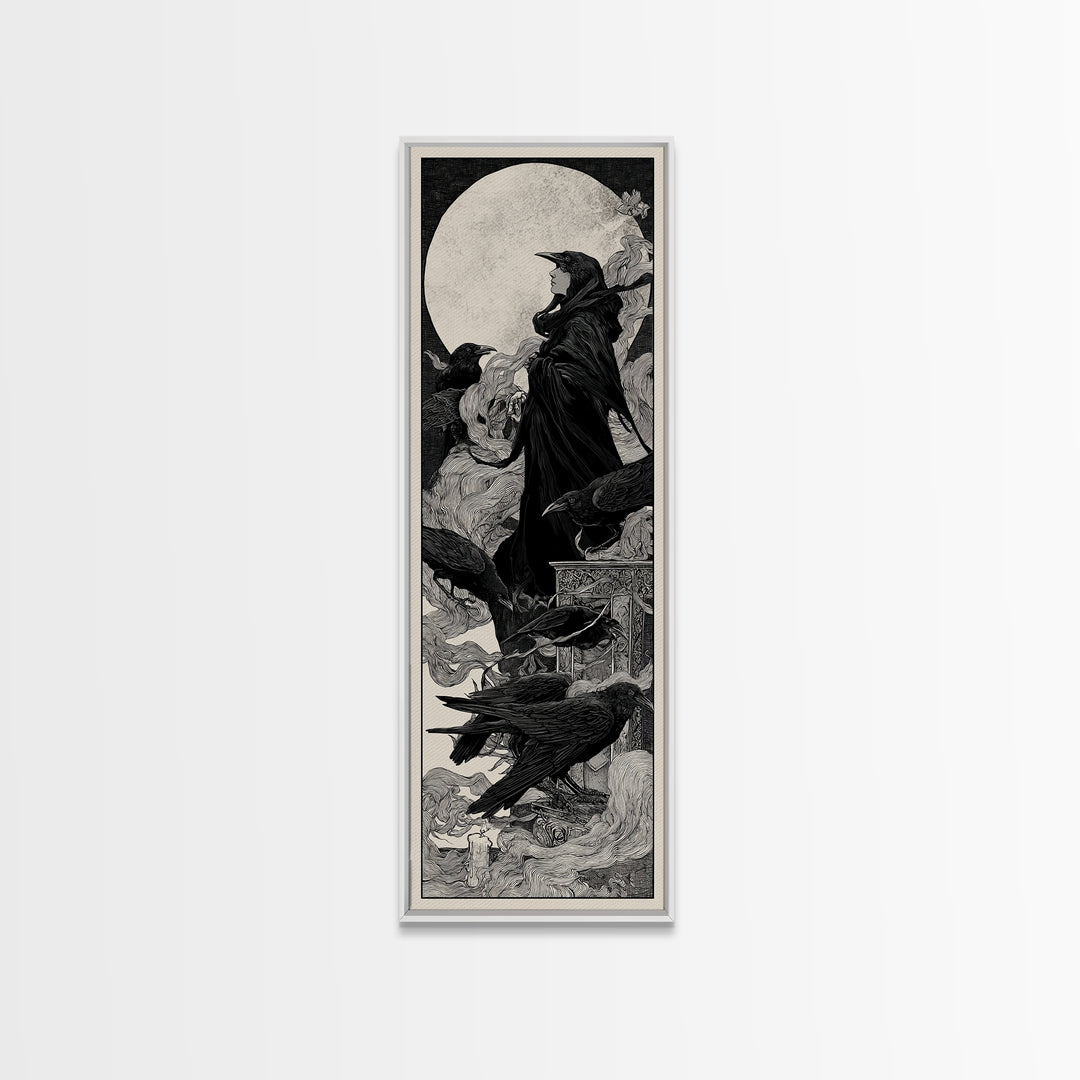 The Raven Funeral, Decadent Line Art, Tall Narrow Wall Art, Macabre Wall Art, Canvas Print, Halloween Wall Art