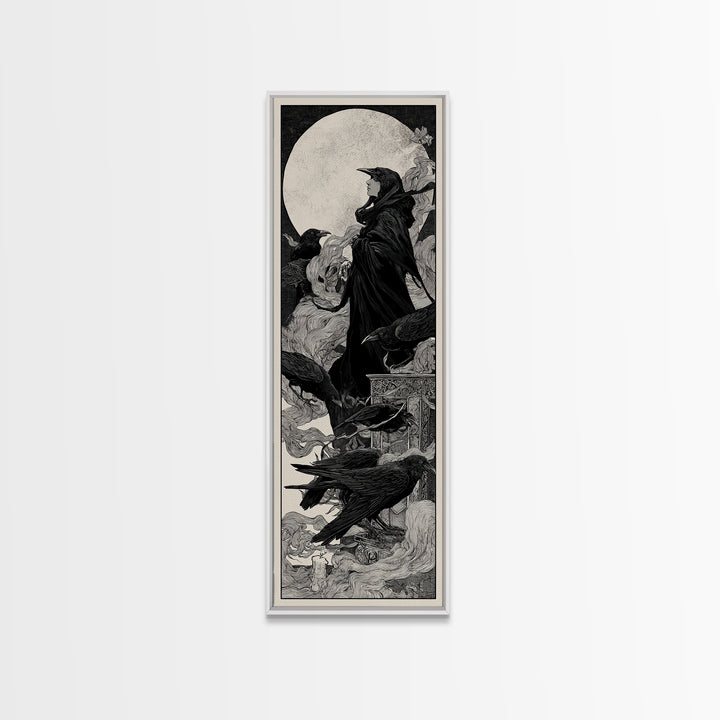 The Raven Funeral, Decadent Line Art, Tall Narrow Wall Art, Macabre Wall Art, Canvas Print, Halloween Wall Art