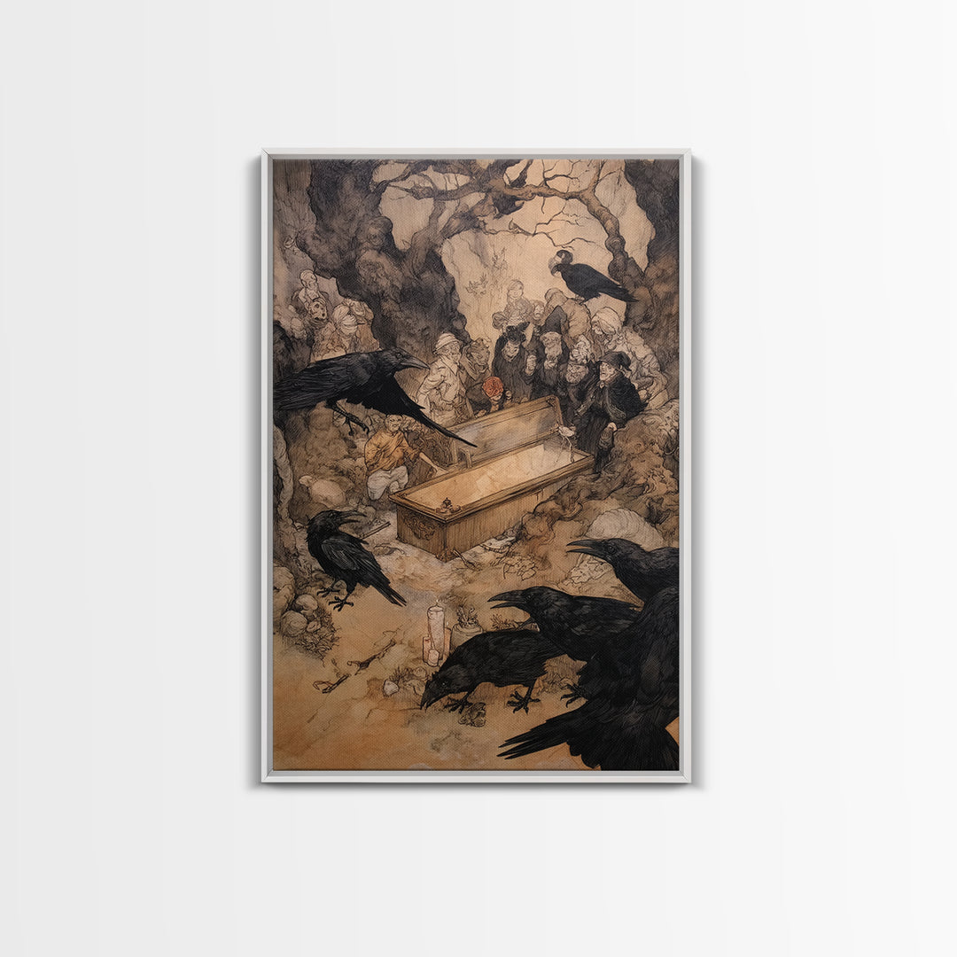 The Raven Funeral, Gothic Storybook Art, Vertical Wall Art, Macabre Wall Art, Canvas Print, Halloween Wall Art, Statement Wall Art