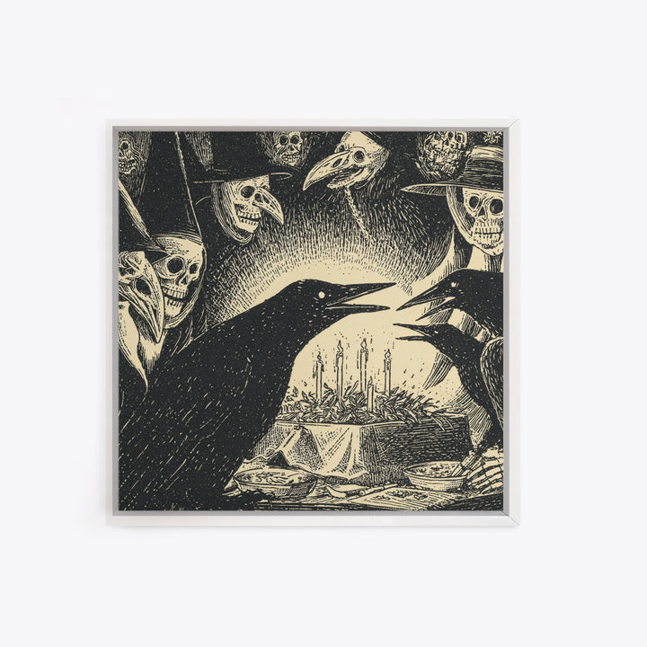 The Raven Funeral, Macabre Folk Print Art, Square Wall Art, Macabre Wall Art, Framed Canvas Print, Halloween Wall Art