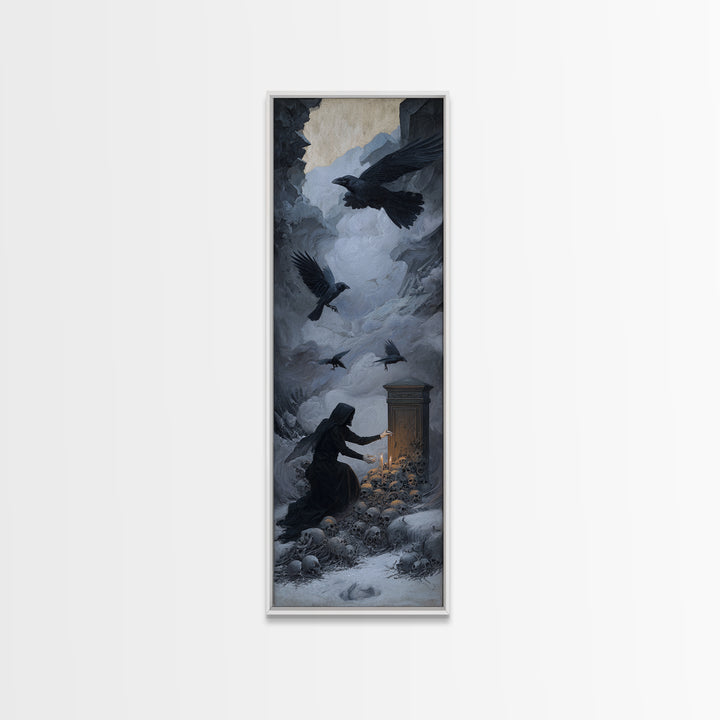 The Raven Funeral, Surreal Apocalyptic Art, Tall Narrow Wall Art, Dark Fantasy Wall Art, Framed Canvas Print, Halloween Wall Art