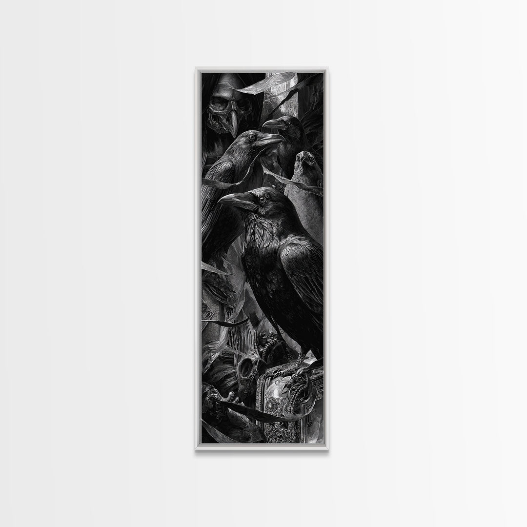 The Raven Funeral, Biomechanical Horror Art, Tall Narrow Wall Art, Macabre Wall Art, Framed Canvas Print, Halloween Wall Art