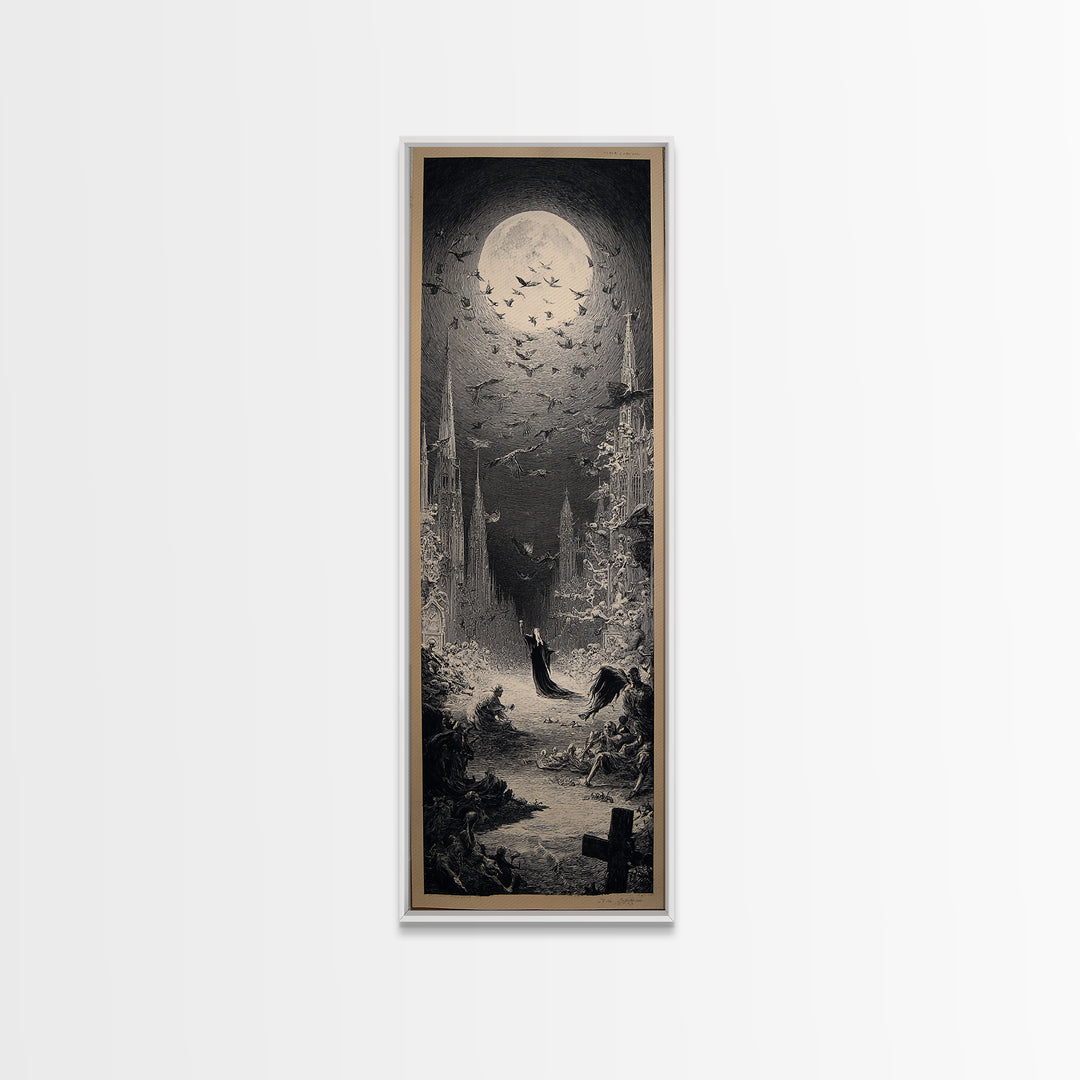 The Graveyard Dance, Gothic Engraving Art, Tall Narrow Wall Art, Dark Halloween Decor, Canvas Print, Halloween Wall Art