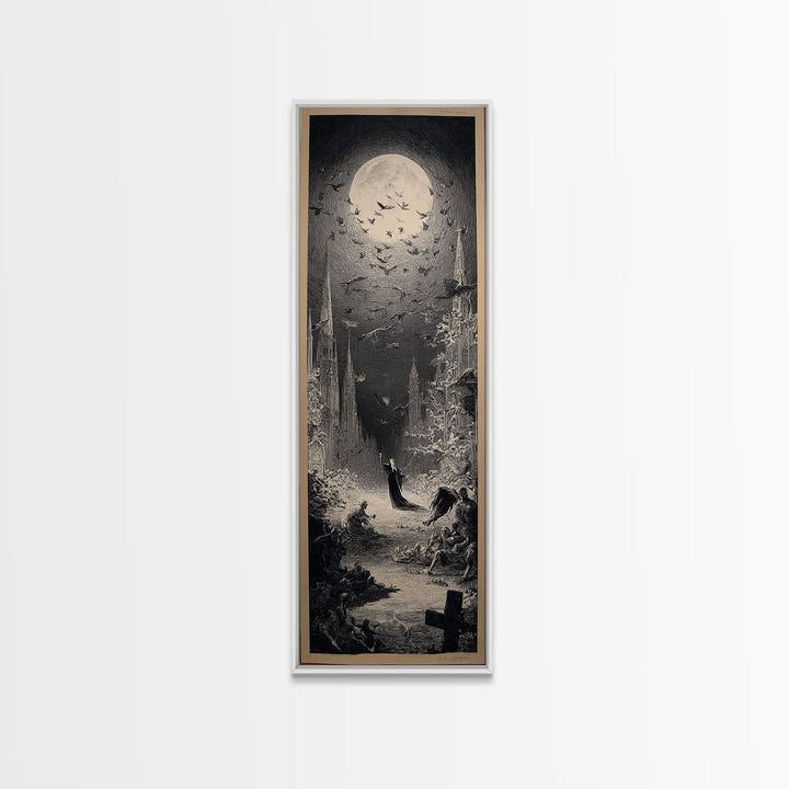 The Graveyard Dance, Gothic Engraving Art, Tall Narrow Wall Art, Dark Halloween Decor, Canvas Print, Halloween Wall Art