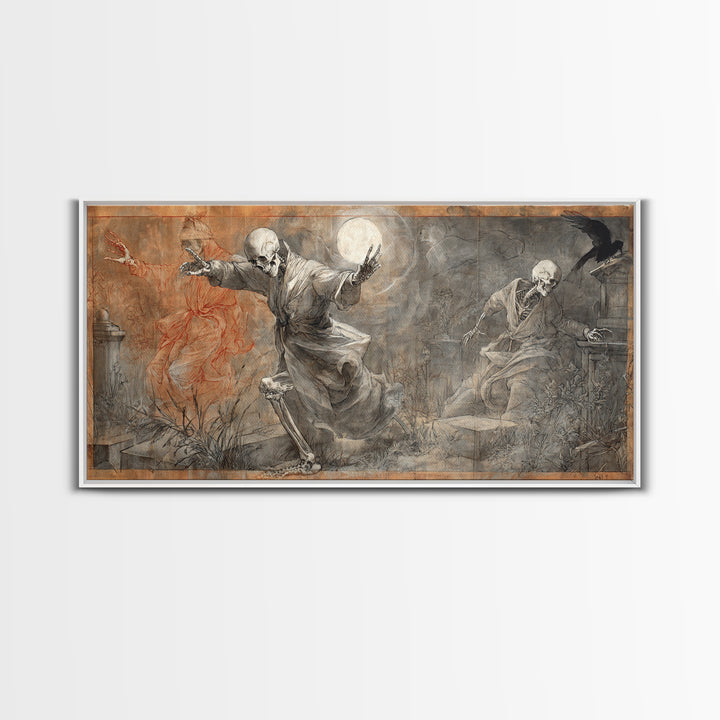 The Graveyard Dance, Dark Renaissance Art, Wide Panoramic Art, Macabre Wall Art, Framed Canvas Print, Halloween Wall Art