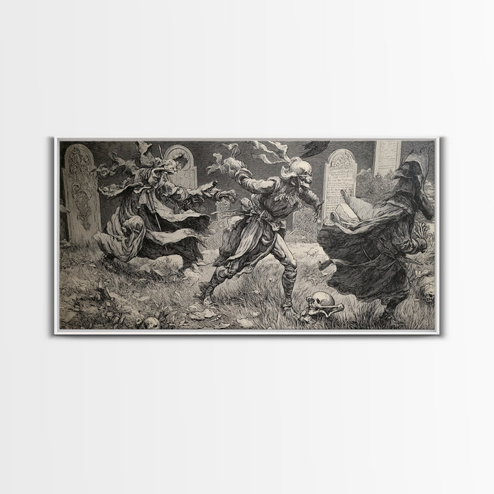 The Graveyard Dance, Renaissance Engraving Art, Wide Panoramic Art, Gothic Horror Wall Art, Canvas Print, Halloween Wall Art