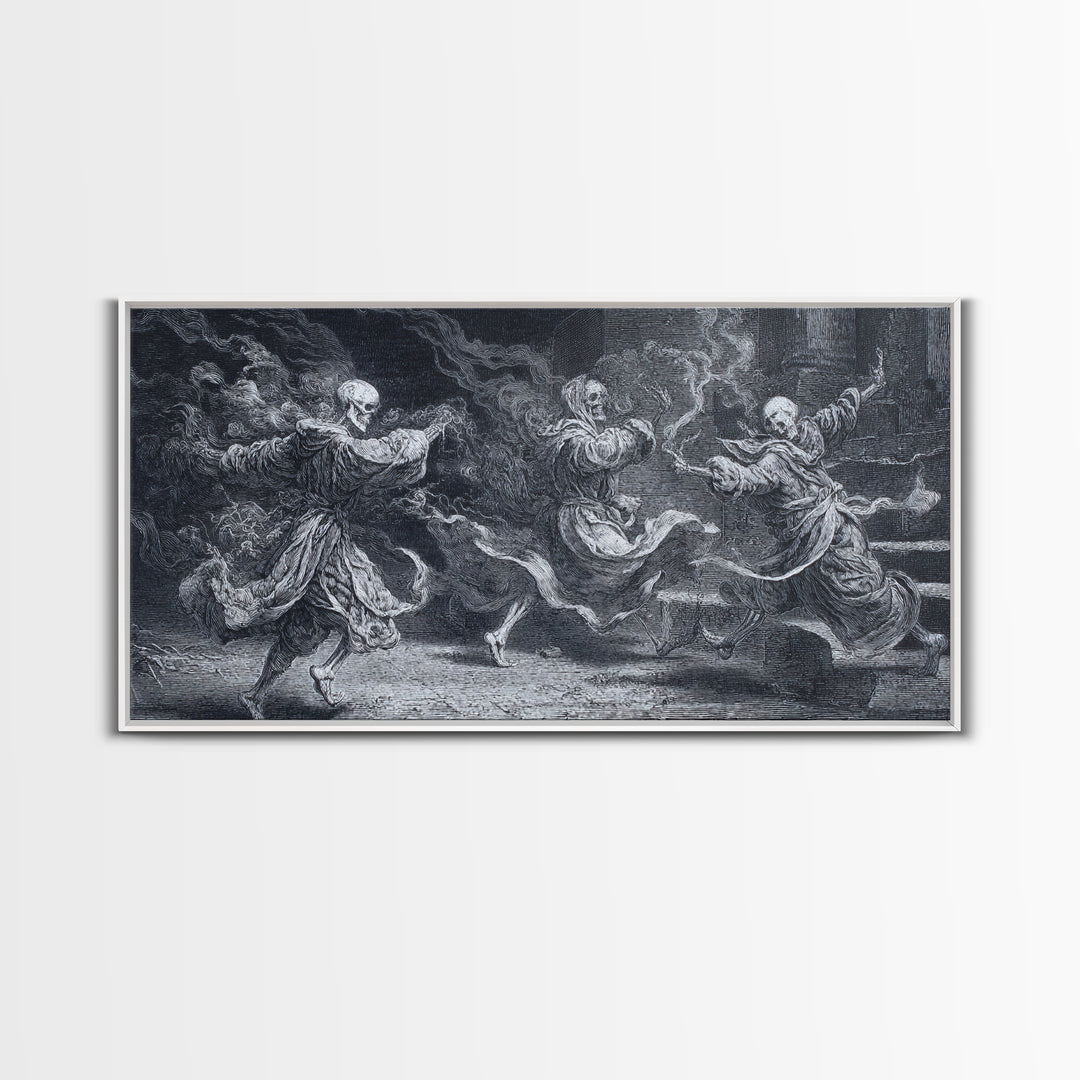 The Graveyard Dance, Architectural Etching Art, Wide Panoramic Art, Gothic Horror Wall Art, Framed Canvas Print