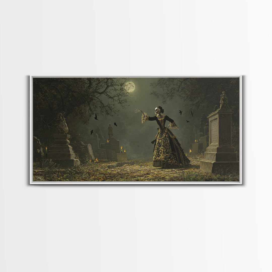 The Graveyard Dance, Ornate Symbolist Art, Wide Panoramic Art, Dark Fantasy Wall Art, Canvas Print, Halloween Wall Art